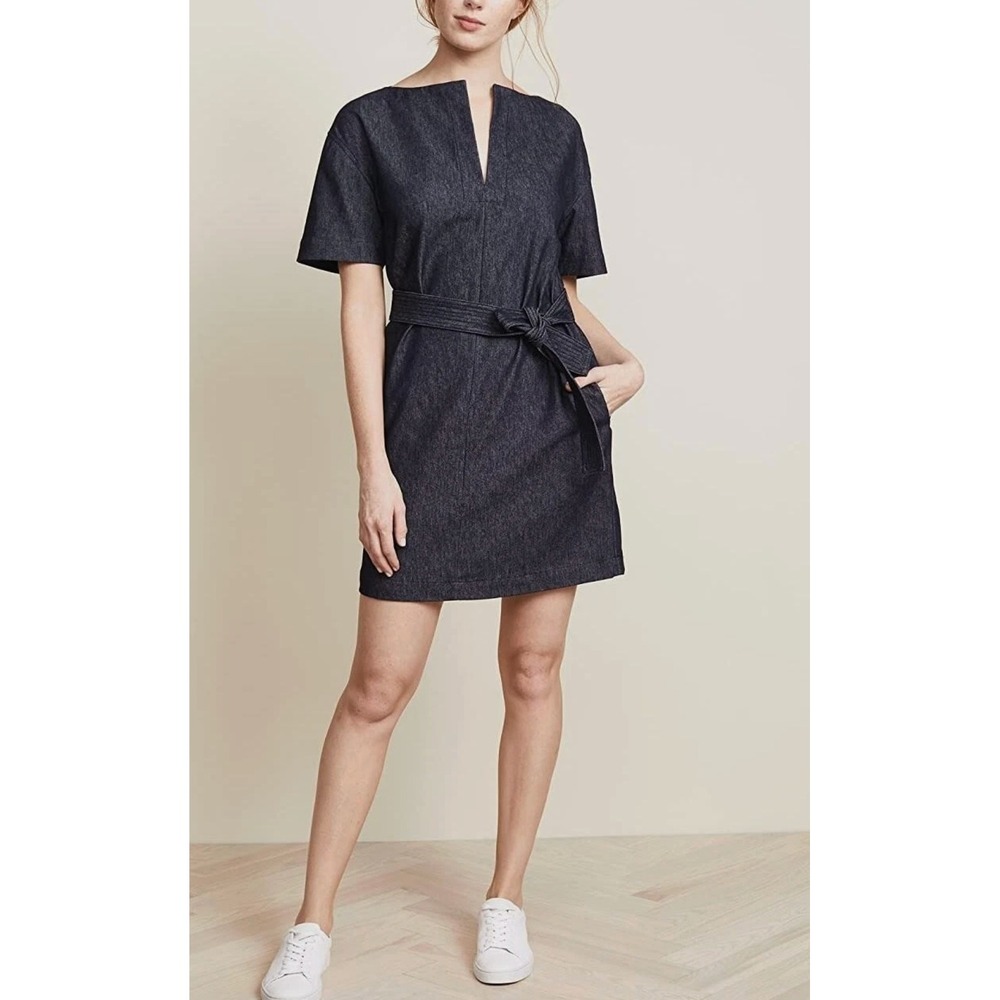 Theory Belted Shift Dress Classic Jean Dark Wash Indigo Short Sleeve Size 2